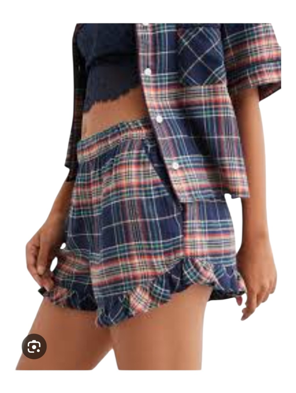 Aerie Womens Navy Blue Multi Plaid Ruffle Hem Flannel Sleep Boxer Shorts Large